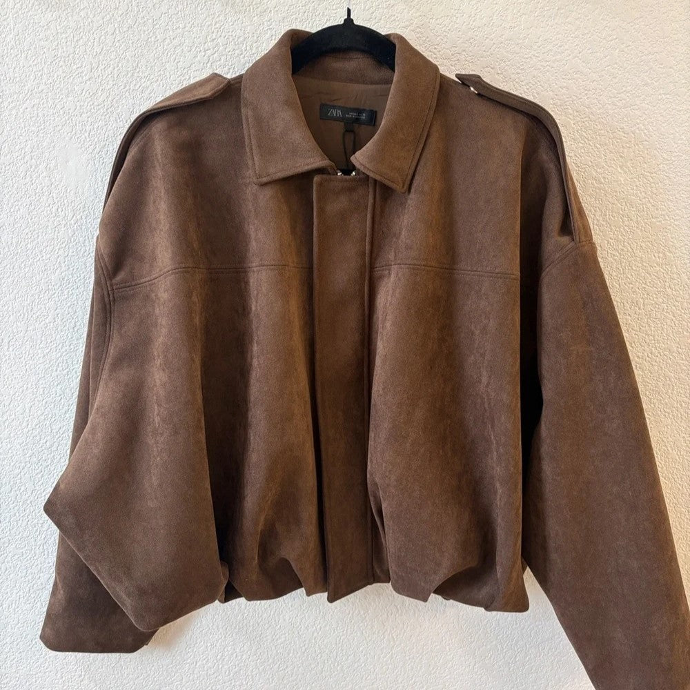 Chaqueta Bomber Zara Faux Suede Café