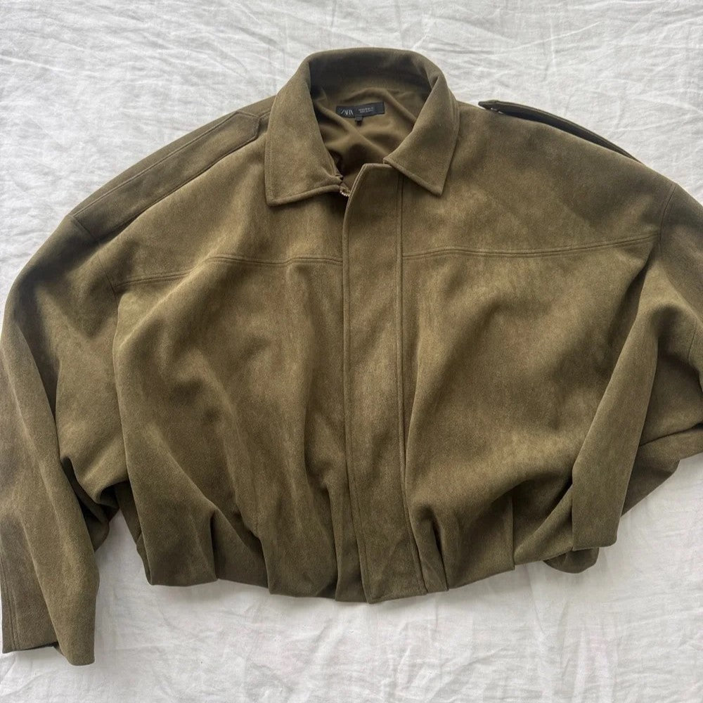 Chaqueta Bomber Zara Faux Suede Verde Oliva